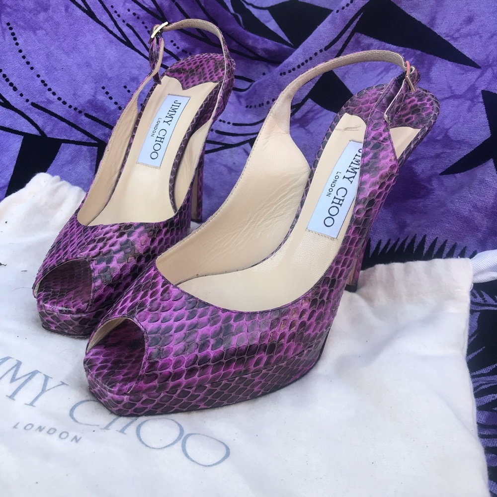 Jimmy Choo Purple & Black Snakeskin Peep-Toe Slingback Mules Heels